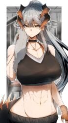 1girls abs arknights big_breasts choker cleavage curvy demon_girl female female_only gin_moku huge_breasts light-skinned_female light_skin looking_at_viewer mature_female midriff muscular muscular_female pale-skinned_female pale_skin ponytail saria_(arknights) silver_hair solo tank_top workout_clothes workout_clothing yellow_eyes