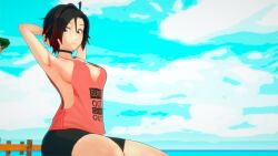 1girls 3d armpits arms_behind_head beach big_breasts bike_shorts black_hair breasts busty female female_only grey_eyes large_breasts ocean pose posing ruby_rose rwby short_hair sideboob sitting sleeveless smile solo water