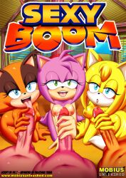 3girls amy_rose amy_rose_(boom) anthro areola badger balls bbmbbf big_penis blush breasts brown_fur canid canine canis comic comic_cover eulipotyphlan fellatio female hairband handjob headwear licking_penis male male/female mobius_unleashed mustelid nude offscreen_character orange_fur palcomix penis pink_body pink_fur pink_hair precum sega sexy_boom_(comic) sonic_(series) sonic_boom sonic_the_hedgehog_(series) sticks_the_badger sticks_the_jungle_badger two_tone_body yellow_body yellow_fur zooey_the_fox