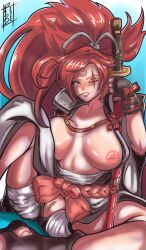 1girls 2022 areolae baiken breasts breasts_out clitoris face_markings facial_mark female female_only guilty_gear holding_weapons large_breasts long_hair nipples one_eye_closed pink_hair ponytail pussy raphaeru red_eyes scar scar_across_eye sitting smile solo thick