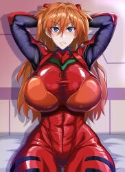 1girls alternate_breast_size arms_above_head arms_behind_head asuka_langley_sohryu big_breasts big_butt big_thighs blue_eyes blush breasts_bigger_than_head clothing curvy curvy_body curvy_female curvy_figure curvy_hips female female_focus female_only hips huge_breasts jet_puri large_breasts long_hair looking_at_viewer massive_breasts neon_genesis_evangelion orange_hair plugsuit rebuild_of_evangelion red_plugsuit shiny_clothes sitting sitting_on_bed skin_tight small_waist solo solo_female thick_hips thick_thighs tight_clothing twintails wide_hips