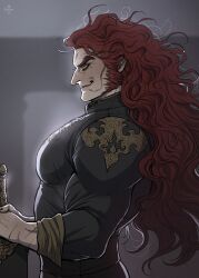 1boy bara bara_tiddies bara_tits big_pecs damien_v_grimm elden_ring fromsoftware fully_clothed long_hair long_hair_male male male_only muscular muscular_male pecs profile red_hair sideburns skin_tight smile solo starscourge_radahn tight_clothing upper_body wavy_hair