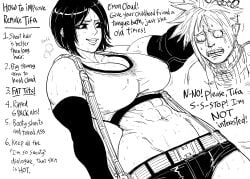 1boy 1girls abs bb_(baalbuddy) big_breasts cloud_strife comedy final_fantasy final_fantasy_vii final_fantasy_vii_remake funny huge_breasts midriff monochrome muscles muscular muscular_female short_black_hair short_hair square_enix sweat tifa_lockhart tomboy