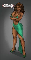 1girls 2022 big_breasts big_butt brown_eyes brown_hair cleavage daphne_dress dark-skinned_female dress female green_dress hero_tales high_heels looking_at_viewer muscular_female muscular_thighs nipple_bulge pinup rabies-t-lagomorph solo violent_milieu voluptuous