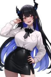 1girls big_breasts black_hair bluefield breasts clothed clothed_female female hololive hololive_english hololive_english_-advent- horns large_breasts light-skinned_female light_skin long_hair mature_female nerissa_ravencroft office_lady pale-skinned_female red_eyes short_skirt skirt slim_waist smile thick_thighs virtual_youtuber wide_hips