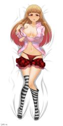 barefoot big_breasts breasts brown_hair dakimakura doctor exposed_shoulders indie_virtual_youtuber jacket jacket_open no_bra red_eyes red_panties shioripon thighhighs thighs undressing virtual_youtuber