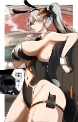 abs arknights big_breasts bunny_ears bunny_girl bunnysuit cigarette curvy doctor_(arknights) gin_moku huge_breasts mature_female midriff muscular muscular_female pale-skinned_female pale_skin ponytail radio saria_(arknights) sideboob silver_hair smoking thick_thighs thigh_strap wide_hips yellow_eyes