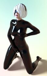 1girls 3d blindfold bodysuit catsuit female female_focus female_only fingering latex masturbation nier nier:_automata rubber rubber_suit solo yorha_2b