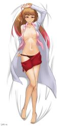 barefoot big_breasts breasts brown_hair dakimakura doctor exposed_shoulders exposed_torso indie_virtual_youtuber labcoat no_bra red_eyes red_panties shioripon skirt thighs undressing virtual_youtuber