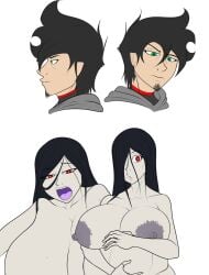 1boy 1girls aged_up big_belly big_breasts black_hair busty covering_breasts ghost_girl hand_on_belly long_hair milf monster_girl pale-skinned_female pregnant purple_nipples red_eyes richdraw tagme the_ring yamamura_sadako