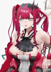 (harutuki_3) armpits baobhan_sith_(fate) bare_shoulders big_breasts cleavage dress elf_ears fairy_knight_tristan_(fate) fate/grand_order fate_(series) frills green_eyes hourglass_figure huge_breasts large_breasts looking_away pale_skin pointy_ears red_hair sitting tying_hair voluptuous