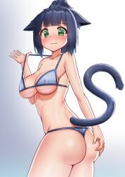 3: animal_ears arknights ass ass_grab bad_id bad_pixiv_id bangs bikini blue_hair blush breasts cat_ears cat_tail collarbone deaver female female from_behind grabbing_own_ass green_eyes highres jessica_(arknights) large_breasts looking_at_viewer looking_back medium_breasts solo swimsuit tail