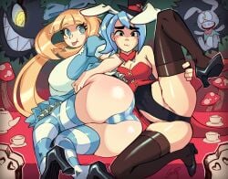 2girls alice_in_wonderland alice_liddell_(cosplay) anisa_(skarpworld) blonde_hair blue_hair bowtie_collar bunny_ears bunnysuit dumfer edit freckles gabriela_(sherwi) gerph heels high_heels huge_ass huge_breasts multiple_girls on_side ponytail sherwi shimapan skarp_world small_breasts spread_legs striped_legwear striped_panties thighhighs third-party_edit white_rabbit