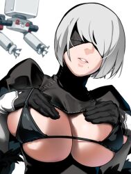 1girls alternate_breast_size android bakkanki big_breasts bikini blindfold breasts busty curvaceous curves curvy curvy_body curvy_female curvy_figure female female_focus female_only huge_breasts large_breasts mole mole_under_mouth nier:_automata pod_(nier) satoriwappa solo solo_female voluptuous white_background yorha_2b