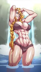 1girls 2021 abs blonde_hair blue_eyes cleavage curvy fingers_through_hair glistening hilde_(nisego) large_breasts muscular muscular_female nisego original scars six_pack smile thick_thighs toned water wet