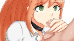 ball blowjob bravebengal danganronpa danganronpa_3 green_eyes orange_hair penis sex straight_hair sucking sucking_penis yukizome_chisa