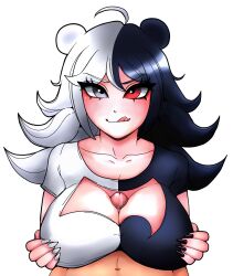 alternate_version_available breasts cleavage clover_jello danganronpa danganronpa:_trigger_happy_havoc danganronpa_1 genderswap_(mtf) human_monokuma humanized large_breasts monokuma paizuri paizuri_under_clothes penis rule_63 smooth_skin tongue