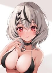 1girls bangs bikini breasts cleavage closed_mouth grey_hair highres hololive hololive_japan holox huge_breasts large_breasts looking_at_viewer nail_polish red_eyes red_nails sakamata_chloe short_hair simple_background solo swimsuit utekiro virtual_youtuber wet