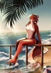 anthro ass beach breasts canid canine deriee_(artist) detailed_background digital_media_(artwork) edit female fox fur green_eyes hair hi_res looking_at_viewer mammal nipples nude nude_edit outside patricia_mac_sionnach patty_foxy patty_mac_sionnach sand seaside sitting sky small_breasts smile solo twintails water