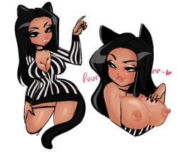 black_hair braless breasts cat_ears cat_tail catgirl choker dress erect_nipples exposed_breasts eyeliner garter_band hand_on_breast hand_on_leg heart hourglass_figure large_breasts long_hair long_sleeves looking_off_screen miss_kitty_(ohthesunnyside) no_bra ohthesunnyside purring seductive seductive_smile short_skirt striped_dress white_background wide_hips