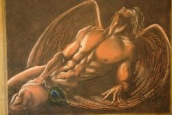 1boy abs angel angel_wings christianity covered_penis covering covering_crotch covering_penis crotch_covered crying defeated defeated_male devil fallen_angel gay head_up legs legs_apart long_hair long_hair_male looking_up lucifer male male_only mythology naked naked_male nipples nude nude_male painting painting_(artwork) peacock peacock_feather peacock_feathers petals pov religion religious satan solo