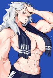 1girls abs big_arms big_breasts blue_background dorohedoro ennhentai fake_enn female female_focus female_only fit fit_female large_breasts long_hair mouth_open muscles muscular muscular_female nipples_covered noi_(dorohedoro) open_mouth sweat sweating sweaty sweaty_body sweaty_breasts towel towel_around_neck track_pants white_hair