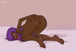 1boy anus ass_up balls femboy girly male male_only on_bed purple_hair solo_male tongue_out usagaijin