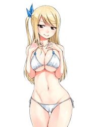 1girls almost_naked belly belly_button big_breasts bikini blonde_hair blue_ribbon bra breasts brown_eyes eyes fairy_tail female female_only half-closed_eyes half-dressed hands_on_breasts hiro_mashima horny inviting legs light-skinned_female light_skin long_hair looking_at_viewer lucy_heartfilia no_background panties petite petite_body petite_female princess skinny smile smiling smiling_at_viewer squeezing squeezing_breast tattoo tattoo_on_hand tight_clothing tight_panties tight_pussy tights underwear waist white_background white_bra white_panties white_skin