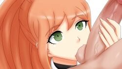 ball_sucking bravebengal danganronpa danganronpa_3 green_eyes orange_hair penis straight_hair sucking sucking_testicles yukizome_chisa