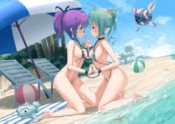 bandaid beach beachball belly_button bikini blue_eyes chained_together chains female female_focus female_only finana_ryugu fish_girl flower_in_hair green_hair hair_ornament hairbuns hand_holding holding_hands medium_breasts melody_(projektmelody) neck_collar nijisanji nijisanji_en ponytail projektmelody purple_eyes purple_hair robot sand side_view sideboob smooth_skin starfish string_bikini thin_bikini virtual_youtuber vshojo wrist_cuffs