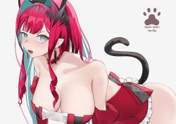 absurdres animal_ears ass ass_up bangs bare_ass bare_shoulders big_breasts bottomless breasts cat_ears cat_tail cleavage collar collarbone dress earrings embarrassed fairy_knight_tristan_(fate) fate/grand_order fate_(series) female grey_eyes highres huge_breasts jewelry large_breasts leash long_hair looking_at_viewer pink_hair pointy_ears red_dress san_(harutuki_3) sidelocks solo tail tiara