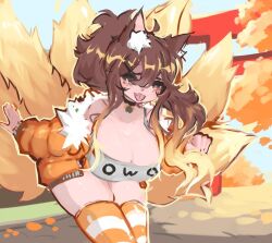 brown_hair cat_ears cyclea femi_colon femicolon gd_colon huge_breasts jacket kitsune large_breasts multiple_tails orange_tail owo solo thick_thighs thighhighs tongue