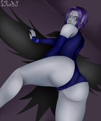 1girls ass blue_body blue_skin cameltoe dc dc_comics female female_focus female_only kawaii partially_visible_vulva purple_hair rachel_roth raven_(dc) short_hair straight_hair sukioart superheroine teen_titans