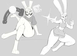 1boy animal_dildo animal_sex_toy anthro clothed clothing crossed_legs dildo english_text equine_dildo femboy finger_gun fur gesture grey_background hi_res lagomorph leporid mammal monochrome rabbit sex_toy simple_background text ttothep_arts