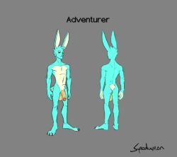 1boy adventurer_(small_on_top) anthro balls blue_body genitals grey_background hi_res lagomorph leporid male male_only mammal model_sheet nude penis rabbit simple_background solo spedumon