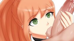 ball bravebengal danganronpa danganronpa_3 ejaculation green_eyes orange_hair penis straight_hair sucking_testicles yukizome_chisa