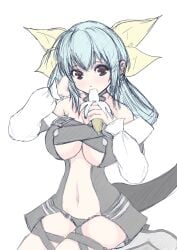 1girls absurdres banana bangs belt black_panties blue_hair blush breasts center_opening choker cleavage detached_sleeves dizzy_(guilty_gear) eating female food fruit guilty_gear hair_ribbon hand_in_own_hair high_heels highres himechan holding holding_food large_breasts long_sleeves looking_at_viewer midriff monster_girl navel panties puffy_long_sleeves puffy_sleeves red_eyes ribbon seductive_pose sidelocks sitting solo tail thigh_strap thighs twintails underboob underwear