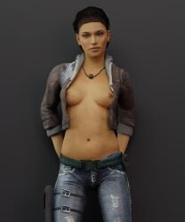 1girls 3d alyx_vance ballaza belt breasts casual female female_only half-dressed half-life half-life_(series) half-life_2 human human_female human_only jacket neckwear nipples no_bra outerwear smiling_at_viewer solo valve