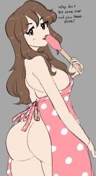 apron apron_only ass bangs big_ass big_breasts brown_eyes brown_hair butt drawfag emirichu english_text female_only frills hair_over_shoulder licking_spatula long_hair looking_at_viewer looking_back naked_apron nice_ass nude_apron polka_dot_apron sideboob solo_female spatula suggestive suggestive_gesture suggestive_look tagme text turning_head whyquestion youtube youtuber