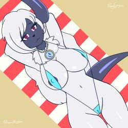 1:1 absol anthro areola areola_slip beach big_breasts bikini breasts cameltoe canid clothed clothing curvy_figure female fur hands_behind_head hi_res horn hourglass_figure jewelry looking_at_viewer lying mammal miyuki_(themeepguy) neck_tuft necklace nintendo nipple_slip on_back pokémon_(species) pokemon pokemon_(species) red_eyes renaspyro seaside skimpy sling_bikini solo swimwear towel tuft video_games voluptuous white_body white_fur