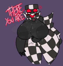 being_chased big_breasts breasts chasing checkered evil_grin evil_smile female glowing_eyes legs_(it_steals) non-human nonbinary_bunny red_eyes sweat sweaty sweaty_breasts tagme