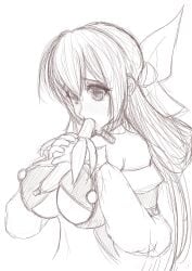 1girls absurdres banana bare_shoulders breasts center_opening choker dizzy_(guilty_gear) eating female food fruit guilty_gear hair_between_eyes hair_ornament hair_ribbon highres himechan large_breasts long_sleeves looking_at_viewer milf navel puffy_long_sleeves puffy_sleeves ribbon saliva sexually_suggestive sketch solo twintails underboob upper_body