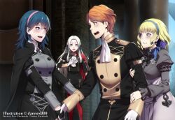 1boy bare_legs blue_eyes breasts byleth_(fire_emblem) byleth_(fire_emblem)_(female) cape constance_von_nuvelle dannex009 edelgard_von_hresvelg female female_focus ferdinand_von_aegir fire_emblem fire_emblem:_three_houses garreg_mach_monastery_uniform gloves hairband hug imminent_sex large_breasts medium_hair multiple_girls nintendo open_mouth smile straight teacher_and_student teal_hair