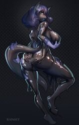 4_arms absurd_res anthro arm_growth big_breasts breasts covered_in_goo felid feline female goo_transformation growth hand_on_butt hi_res huge_breasts latex_transformation limb_growth looking_at_viewer looking_back mammal multi_arm multi_limb rainset rubber solo transformation