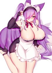 big_breasts cleavage dirtykuro fox_ears fox_tail foxykuro hair_ornament high_heels kitsune kuro_(foxykuro) maid maid_headdress maid_uniform original purple_hair skirt twintails