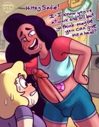 big_donut_(steven_universe) black_hair blonde_hair dark_skin dialogue female futa futanari human imminent_sex intersex intersex/female pale_skin penis public sadie_miller steven_universe stevonnie text thunderthot