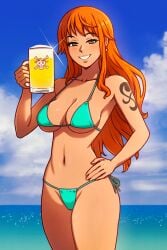 akairiot beer big_breasts female female_only looking_at_viewer nami one_piece orange_hair smile solo swimsuit