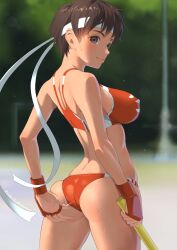 1girls adjusting_clothes ass baton breasts brown_eyes brown_hair buruma cacn capcom clothing dat_ass female female_only fingerless_gloves footwear gloves handwear headband headwear human looking_at_viewer looking_back medium_ass medium_breasts nipple_bulge nipples nipples_visible_through_clothing outdoors pale_skin public sakura_kasugano short_hair sideboob smile smiling solo sports_bra sportswear street_fighter street_fighter_alpha sweat thick_thighs tomboy track_and_field very_short_hair