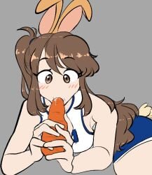 anonymous_artist bangs big_breasts blowjob blush brown_eyes brown_hair bunny_ears bunny_tail carrot cosplay costume drawfag emirichu fellatio frills fringe gray_background humanized lola_bunny lola_bunny_(cosplay) long_hair looking_at_penis ponytail shiny_hair solo_female space_jam sportswear sucking_on_carrot youtube youtuber