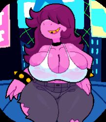 1girls anthro big_breasts breasts bursting_breasts choker city cleavage clothing deltarune dinosaur female female_only hair_over_eyes hand_on_hip huge_breasts jeans long_hair outdoors pink_skin pixel_art see-through see-through_top smile solo somescrub spiked_bracelet susie_(deltarune) tank_top thick_thighs torn_clothes torn_legwear wide_hips